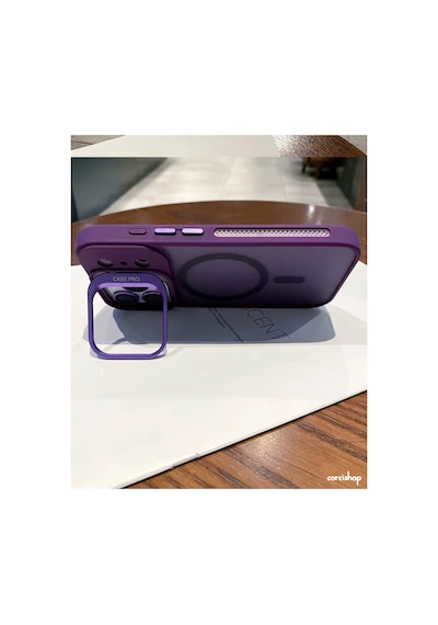 İphone 17 Uyumlu Kılıf Açılır Kamera Stand Magsafeli Mat Renkli Şeffaf + Lens Koruyucu Set Lacivert