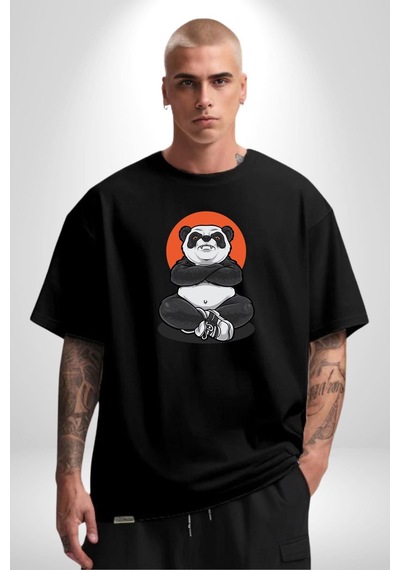 Yoga Panda Pamuklu Bisiklet Yaka Unisex Oversize Boyfriend Dijital Baskılı Siyah T-shirt Siyah