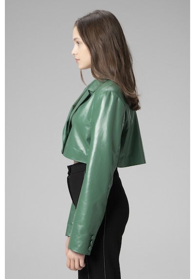 Yeşil Overlay Dericlub Wm034 Gerçek Deri Crop Blazer Kadın Ceket