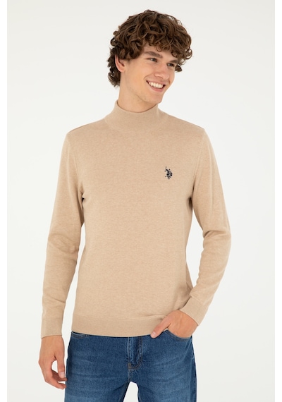 U.S. Polo Assn. Erkek Slim Fit Yarım Boğazlı Kum Melanj Basic Kazak 50293499-VR123