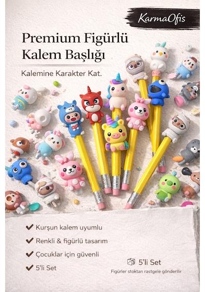 Premium Figürlü Kurşun Kalem Başlığı 5 Li Set Renkli, Eğlenceli & Rastgele Figürlü Çok Renkli5