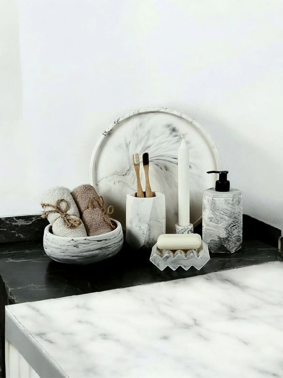 6'lı Mermer Desenli Beton Banyo Seti Tuvalet Wc Sıvı Sabunluk Diş Fırçalığı Beton Aksesuar Takımı Gri