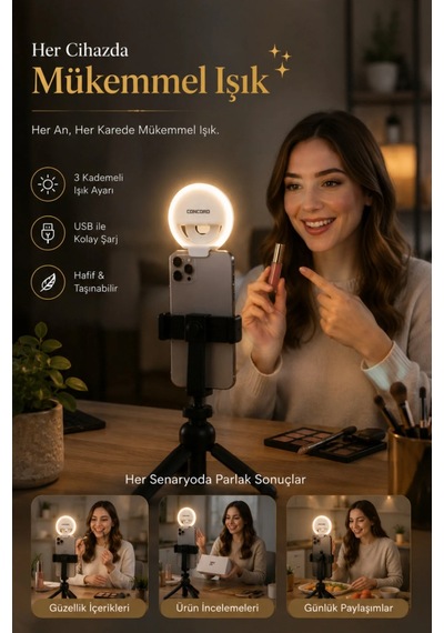 Type-c Şarjlı 3 Kademeli Taşınabilir Led Selfie & Kamera Işığı Beyaz