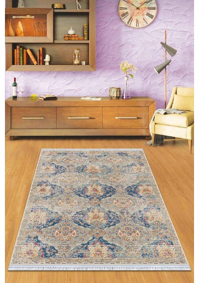 Mavi Vintage Dokuma Pamuk Tabanlı Kaymaz Kilim Klm218