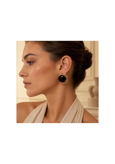 Gold Çerçeveli Siyah Taşlı Kadın Küpe Siyah - 886705031 Siyah - 886705031 Siyah