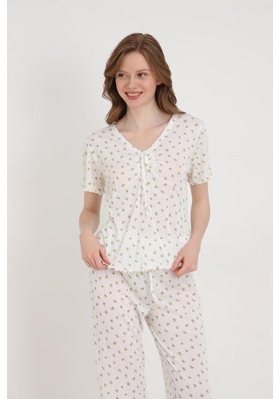 Elitol Jakarlı Viskon Bağlamalı Kadın Pijama Takımı Desenli-4