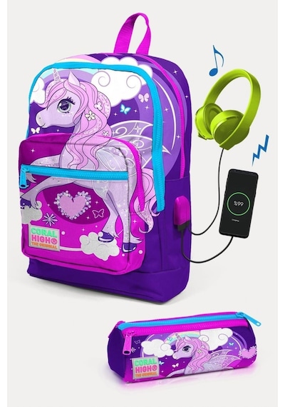 Coral High Kids Mor Pembe Unicorn Desenli Usb'li 2'li Okul Çanta Seti - Kız Çocuk