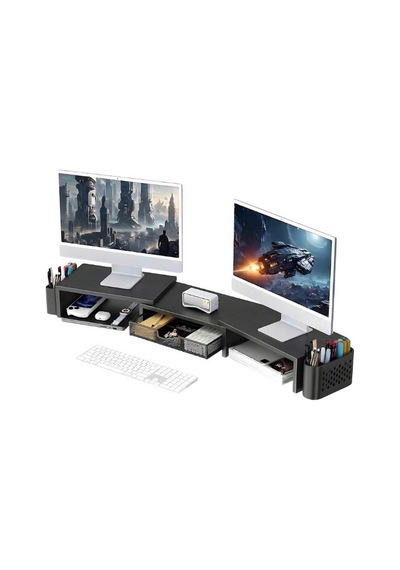 Temel Siyah Çift Monitör Yükseltici Stand Çekmeceli Masaüstü Organizer 9216