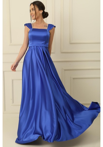 By Saygı Askılı Taş Detaylı Kare Yaka Astarlı Uzun Saten Elbise-35826 Saks