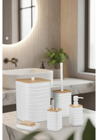 Luna Beyaz Bambulu Banyo Seti 5 Parça Plastik