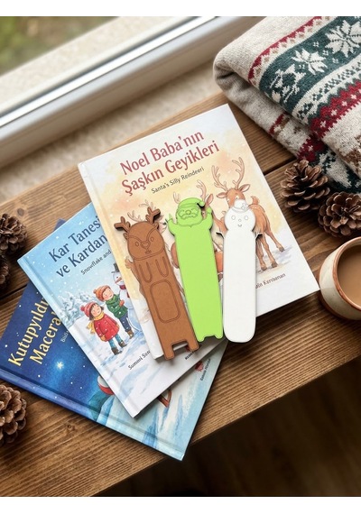 Yılbaşı Hediyelik Ahşap Kitap Ayracı Seti 3 Adet - Sevimli Yılbaşı Karakterleri Kitap Tutucu