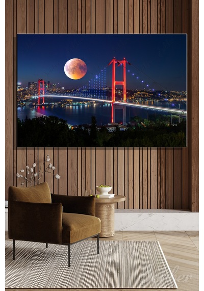 Yatay Kanvas Tablo Tekli Ev Kafe Ofis 15 Temmuz Şehitler Köprüsü Gece Dolunay Manzarası 2369