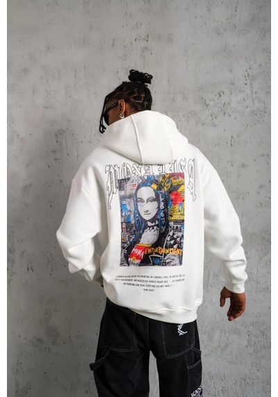 Erkek Baskılı Kapüşonlu Ve Kanguru Cepli Sweatshirt Hoodie - Beyaz Çok Renkli