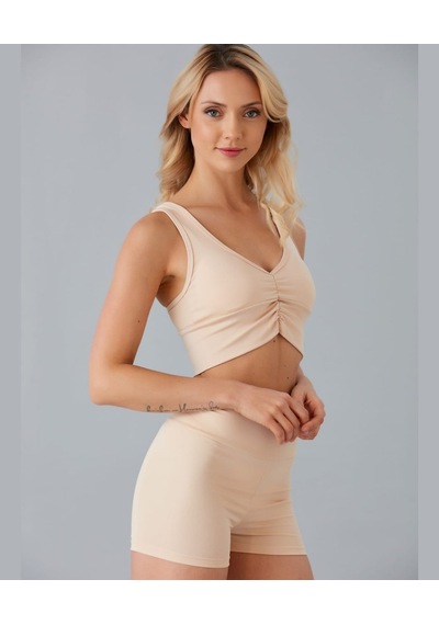 Aurafit Kadın Önü Büzgülü Arkası Çapraz Kaplı Croptop/büstiyer Bej