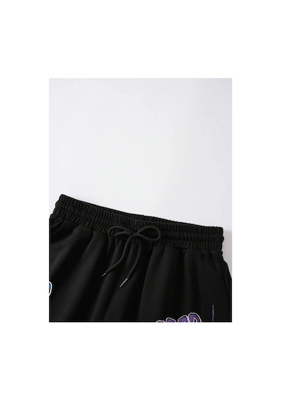 Tarzsokak Letter Graphic Drawstring Waist Şort Siyah