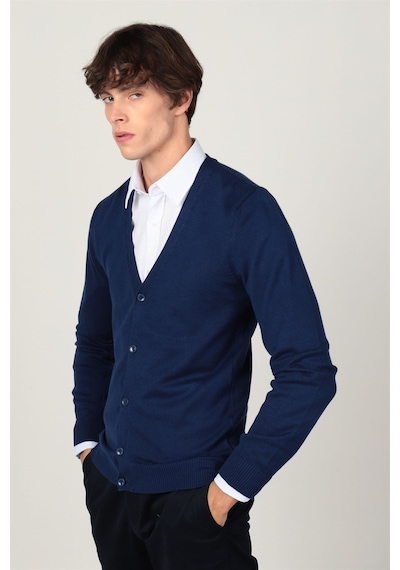 Tudors Slim Fit Dar Kesim Düğmeli Düz Pamuk Erkek Hırka-24132 Lacivert