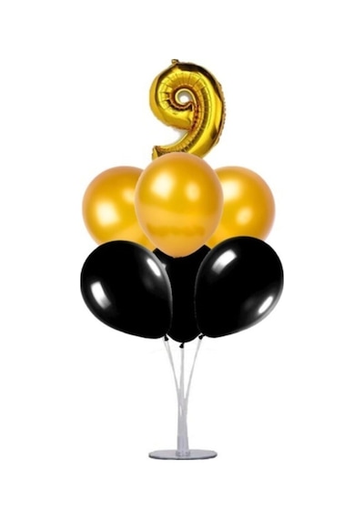 9 Yaş Rakam Folyo Balon Altın Gold 40 CM Balon Stand. 6 Adet Bal