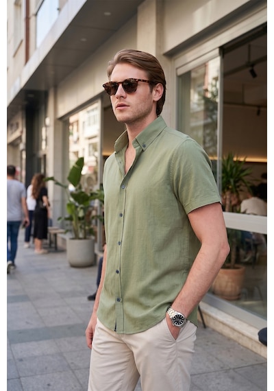 Buratti Pamuklu Slim Fit Düğmeli Yaka Kısa Kollu Erkek Gömlek Cf21S112546 Haki