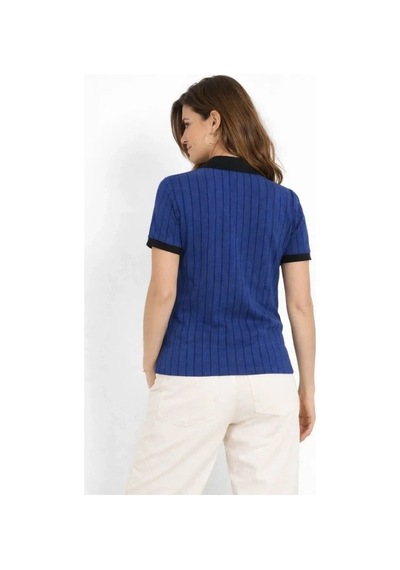 Vexor Polo Yaka Çizgili Tişört Kısa Kol Düğmeli Yazlık T-shirt - Saks Mavisi
