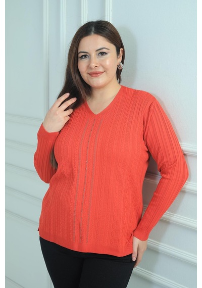 By Saygı Kadın V Yaka Önü Şerit Taş Baskılı Fitilli Büyük Beden Soğuk İplik Triko Bluz-41865 Mercan By Saygı Kadın V Yaka Önü Şerit Taş Baskılı Fitilli Büyük Beden Soğuk İplik Triko Bluz-41865 Mercan