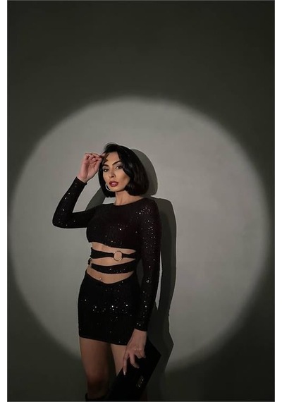 Dip Moda Kadın Siyah Halka Detyalı Mini Pul Payet Elbise Dpnbdf106 Siyah