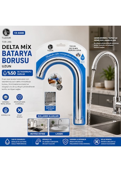 Tudor Tdr-286 Kuğu Uzun Delta Mix Batarya Borusu - Evye Ve Lavabo, Krom Kaplama, Süzgeçli Uç, Vakumlu