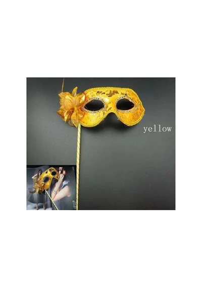 Lüks Taşlı Saplı Maskeli Balo Maskesi Altın Renk 35 Cm 2 Yaş Mavi