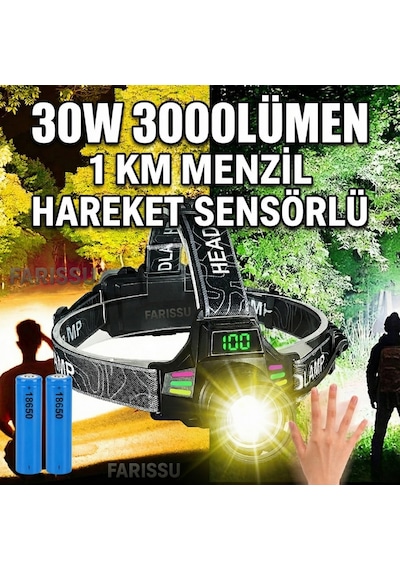 Ultra Güçlü 30w Led Sensörlü Kafa Lambası - 3000 Lümen, Dijital Şarj Göstergeli, Type-c Şarjlı Siyah