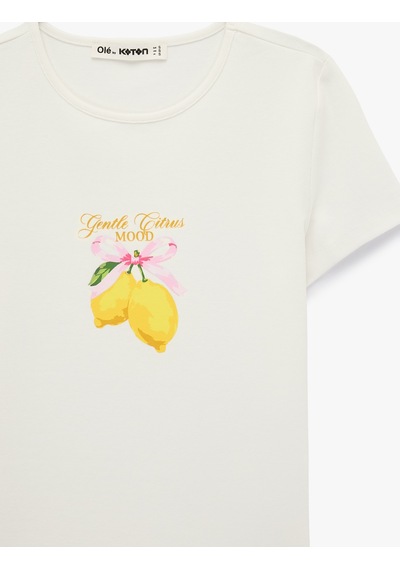 Koton Slim Fit Bisiklet Yaka Pamuklu Kısa Kollu Limon Baskılı Tişört Ekru 6sal10911ık