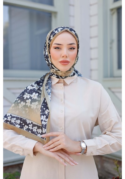 Mimiyum Lemon Flower Nayf İpek Şal - Siyah - Kahverengi