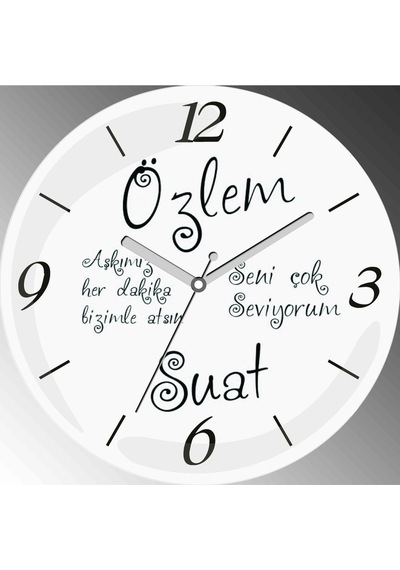 Seni Seviyorum Temalı Yazılar Çap 30cm Sessiz Akar Bombeli Gerçek Cam Duvar Saati Beyaz - Siyah