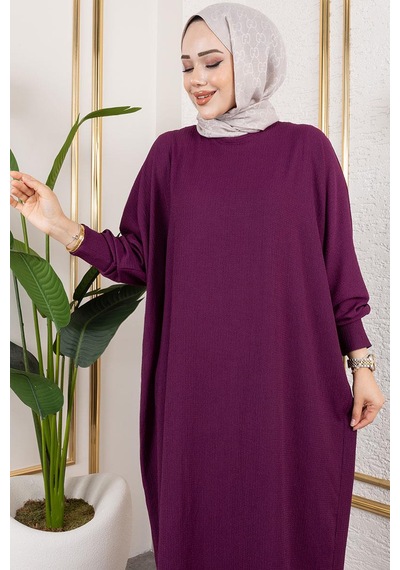 Yarasa Kollu Bürümcük Elbise Mürdüm