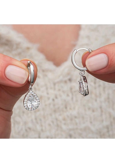 Gümüş Beyaz Zirkon Taşlı Damla Kadın Küpe 14 MM-Gümüş