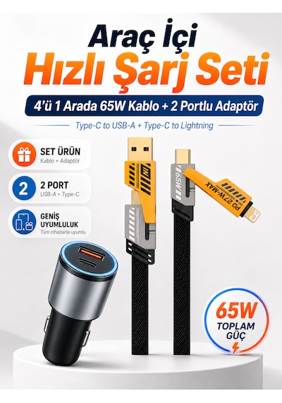 Araç Hızlı Şarj Seti - Type-c + Usb 2 Port Hızlı Şarj Adaptörü - 65w Hızlı Şarj Kablosu 4in1 - Uzun Yolda Şarjın Bitmesin - İphone Android Tüm Telefonlar & Cihazlar Uyumlu 65w Black Araç Hızlı Şarj Seti - Type-c + Usb 2 Port Hızlı Şarj Adaptörü - 65w Hızlı Şarj Kablosu 4in1 - Uzun Yolda Şarjın Bitmesin - İphone Android Tüm Telefonlar & Cihazlar Uyumlu 65w Black