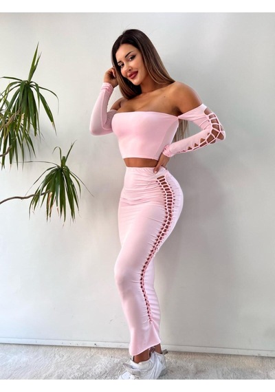 Pink Life Pembe Lazer Kesim Detaylı İkili Uzun Takım Pembe