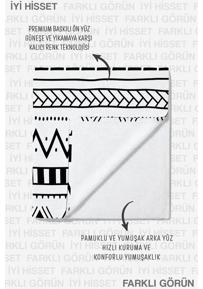 Etnik Bohem Geometrik Plaj Havlusu - Siyah Beyaz Minimalist Modern Hızlı Kuruyan Mikrofiber Havlu Uçuk Şakayık