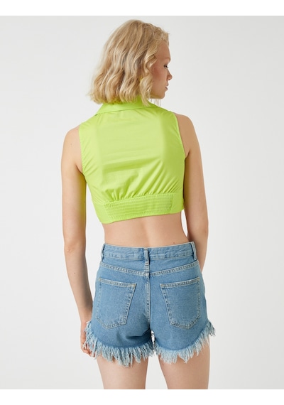 Koton Crop Poplin Bluz Kolsuz Büzgülü Polo Yaka Yeşil 2sak60334pw 2SAK60334PW817