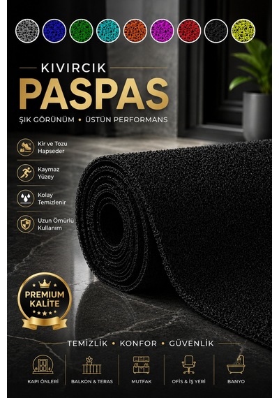 Abksyh-120x1000 Kıvırcık Paspas Tüm Ölçüler Kaymaz Taban Halı Yolluk Kapı Önü Paspası Siyah