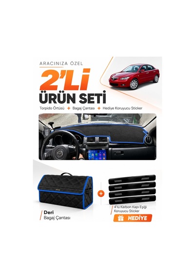 E-biz Mazda 3 2003-2009 Uyumlu Torpido Örtüsü + Deri Bagaj Çantası Seti - Siyah-mavi - Ma001