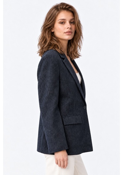 Mixray 4969 Kadın Kadife Dokulu Tek Düğmeli Blazer Ceket Lacivert