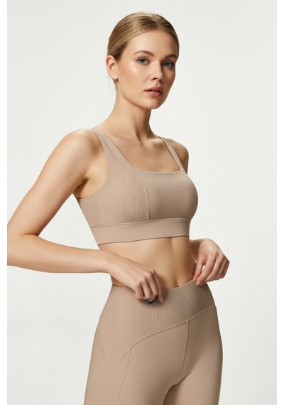 Yüksek Bel Toparlayıcı Tayt & V Sırt Destekli Spor Sütyeni - Sculpt Set Bej