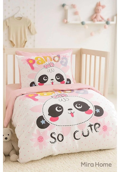 Yenidoğan Kız Bebek Nevresim Takımı %100 Pamuklu Panda So Cute Çok Renkli