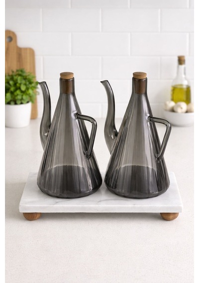 Qerhome Mermer Stantlı Glazzy Çizgili Tasarım Yağdanlık 750 Ml +750 Ml Füme Füme - Siyah
