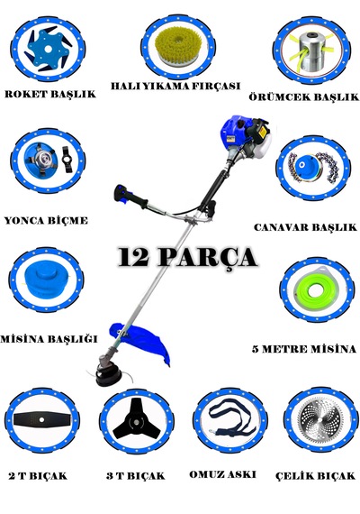 Eisenn German Vortex-12 Yan Tipi Benzinli Ot Çalı Çim Biçme Tırpanı + 12 Parça Tam Set Halı Yıkamalı