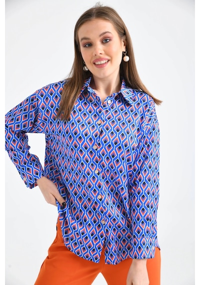 Saks Desenli Oversize Uzun Kol Basic Saten Gömlek 001