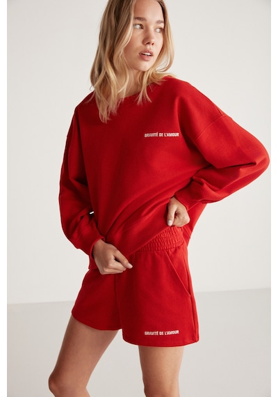 Grımelange Jennıfer Kadın Organik Pamuklu Nakışlı Yuvarlak Yakalı Oversize Kırmızı Sweatshirt