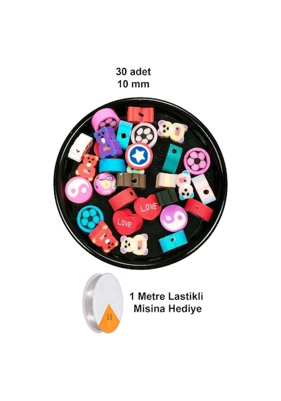 30 Adet 10 Mm Polimer Kil Fimo Boncuk Takı Bileklik + 1 Metre Lastikli Misina Hediye - Karışık Renkli Diğer