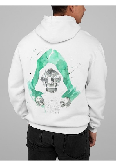 Sevbano Tasarım Doctor Doomsday Baskılı Unisex Oversize Marvel Hoodie Beyaz