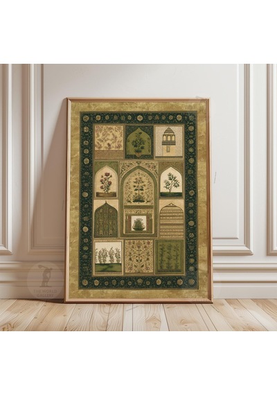 Farsça Botanik Panel Poster Yeşil İslami Duvar Sanatı Vintage Çiçekli Mimari İllüstrasyon