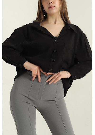 Ribana Tek Cep Modal Oversize Kadın Gömlek Siyah